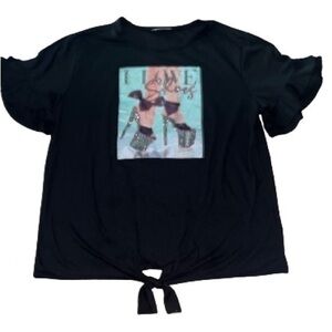 Davida black ruffle sleeve “I love shoes” studded top with tie accent size L